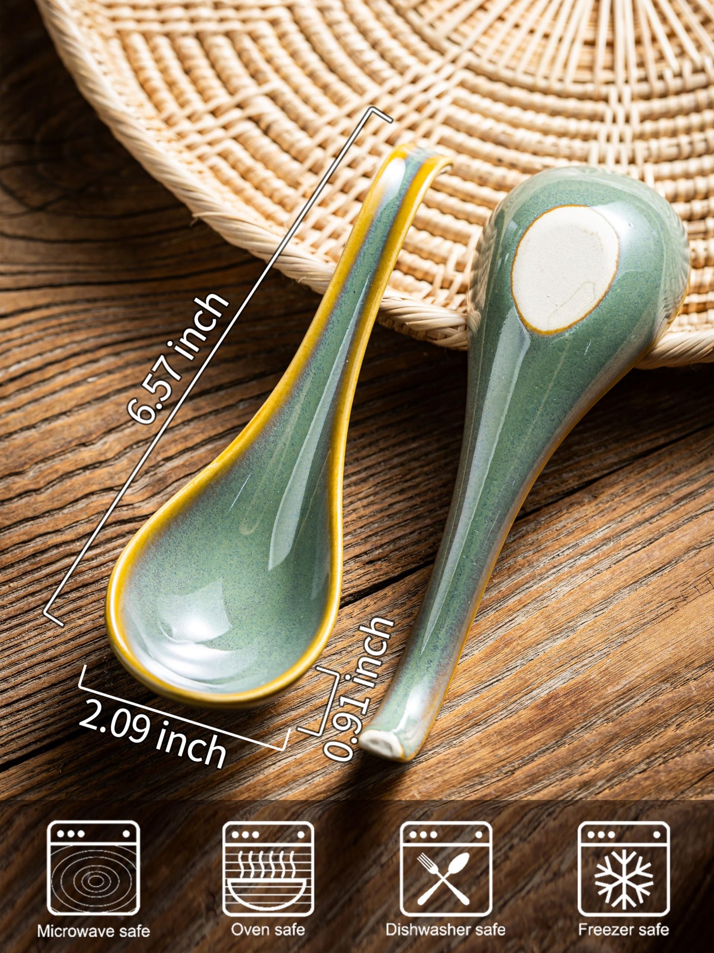 Gomakren Soup Spoons Set of 6, Asian Soup Spoons 6.5 Inch Ramen Spoons, Father's Day Christmas Ceramic Chinese Spoon Set for Soup, Cereal, Pho, Noodles, Dumpling, Dishwasher Safe, Blue-Green