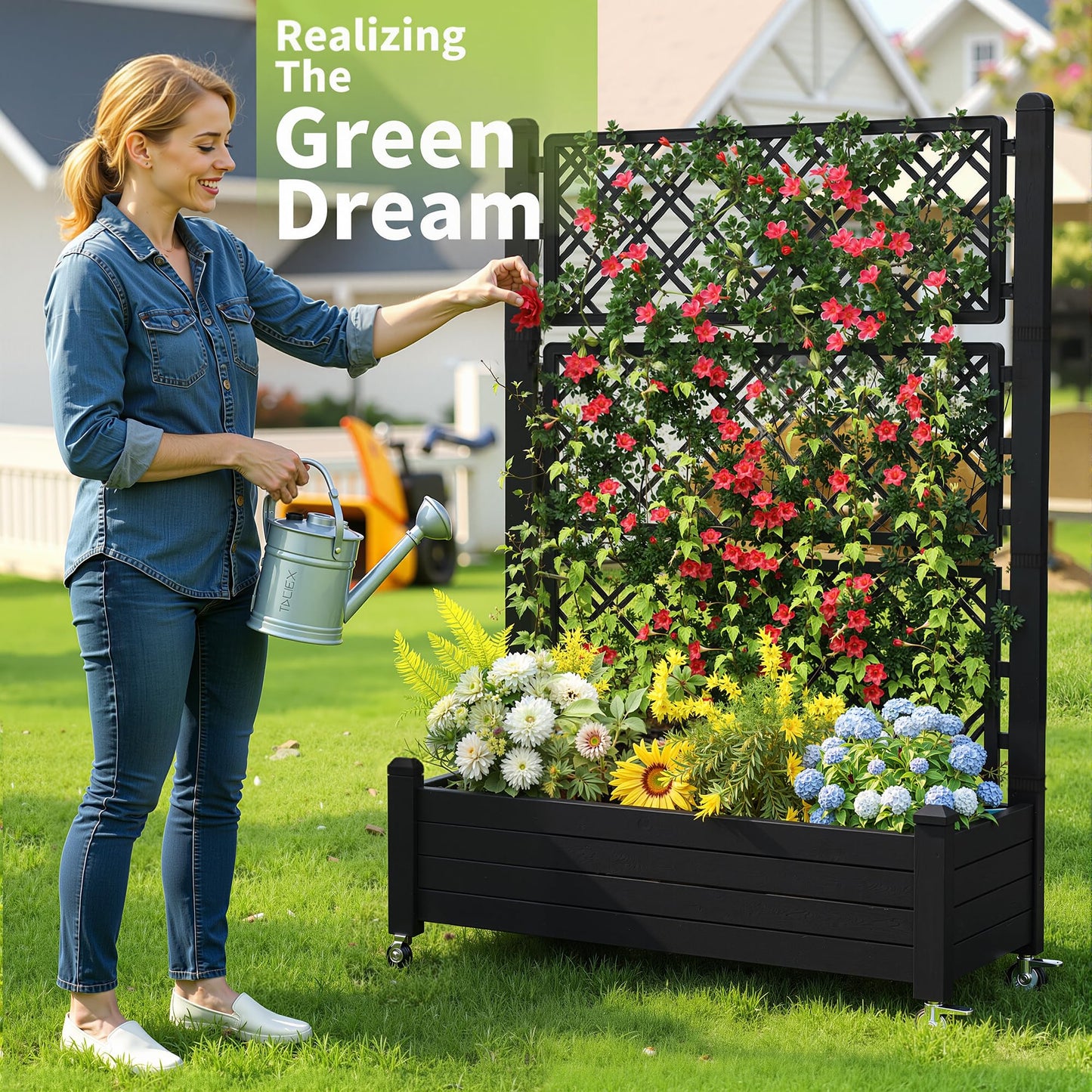 PatioZen Raised Garden Bed with Trellis, 21 Gallon Self Watering Planter Box with Lockable Wheels & Drainage Holes for Climbing Plants Vegetables Flowers, Anti-Rust Resin for Backyard Patio (Black)