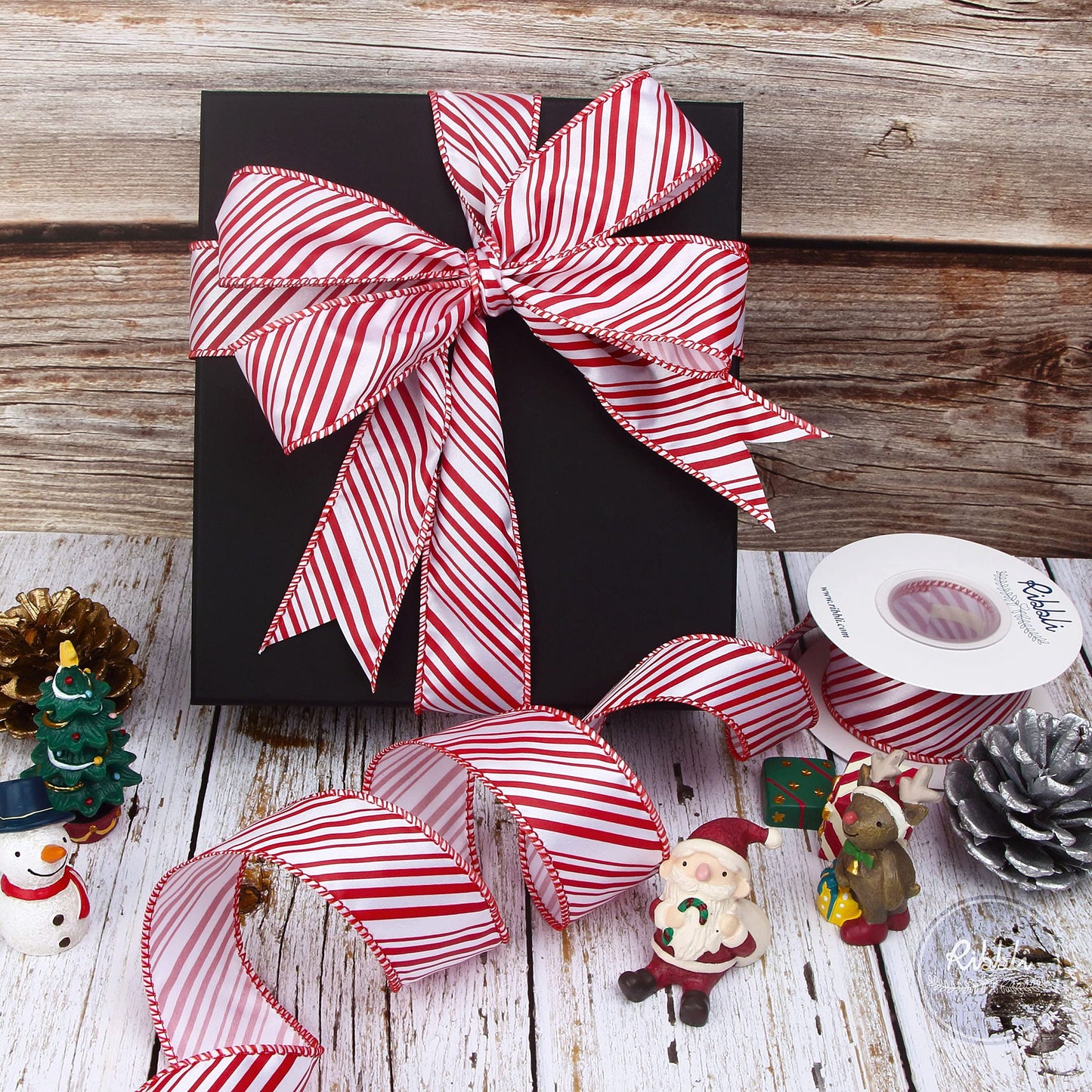 Ribbli Candy Cane Ribbon Red and White Stripe Wired Satin,1-1/2 Inch x Continuous 10 Yard,Peppermint Stripe Christmas Ribbon for Big Bow, Wreath,Tree Decoration, Outdoor Decoration