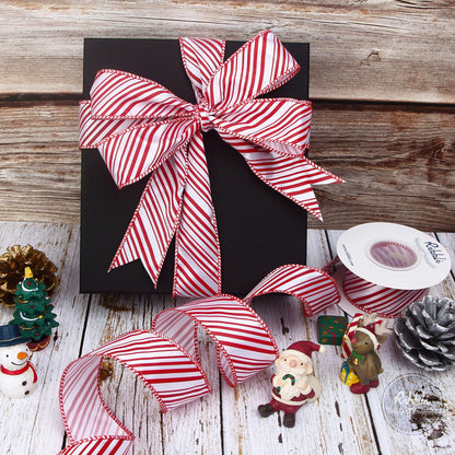 Ribbli Candy Cane Ribbon Red and White Stripe Wired Satin,1-1/2 Inch x Continuous 10 Yard,Peppermint Stripe Christmas Ribbon for Big Bow, Wreath,Tree Decoration, Outdoor Decoration