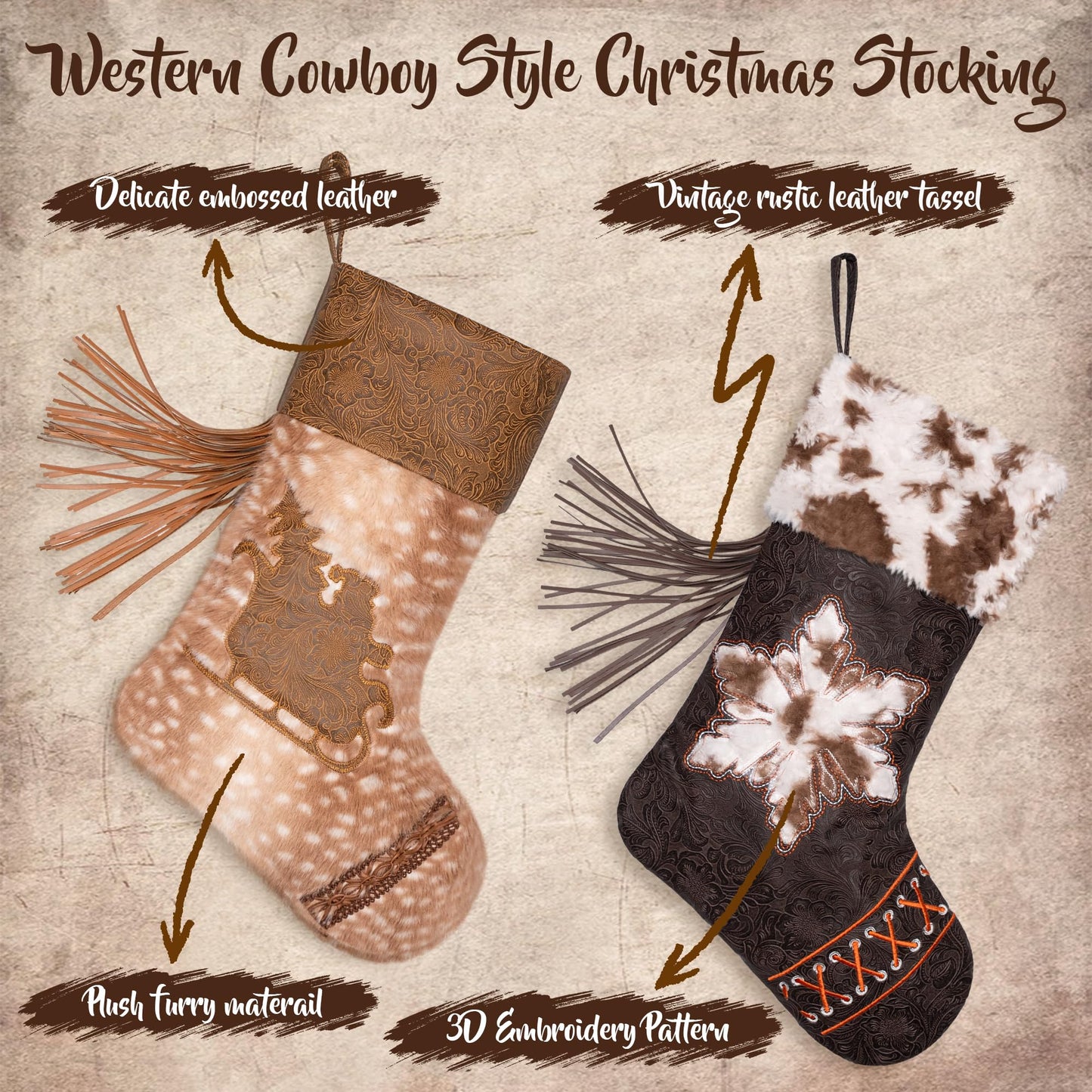 LUBOT 2025 Christmas Stockings Set of 6, Western Cowboy 20" Rustic Farmhouse Fireplace Hanging Décor Neutral Embossed Leather & Plush Faux Fur with Tassel Accents Large Family Xmas Stockings