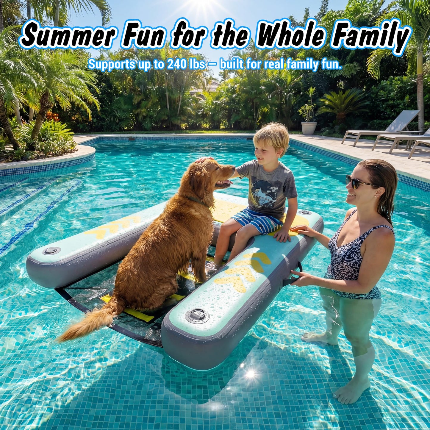 Dog Ramp for Pool & Lake, Inflatable Water Platform 60'' x 40'' Floating Dock for Pets Up to 240 lbs, Non-Slip EVA Surface with Ladder, Boat & Dock Access for Swimming and Outdoor Use