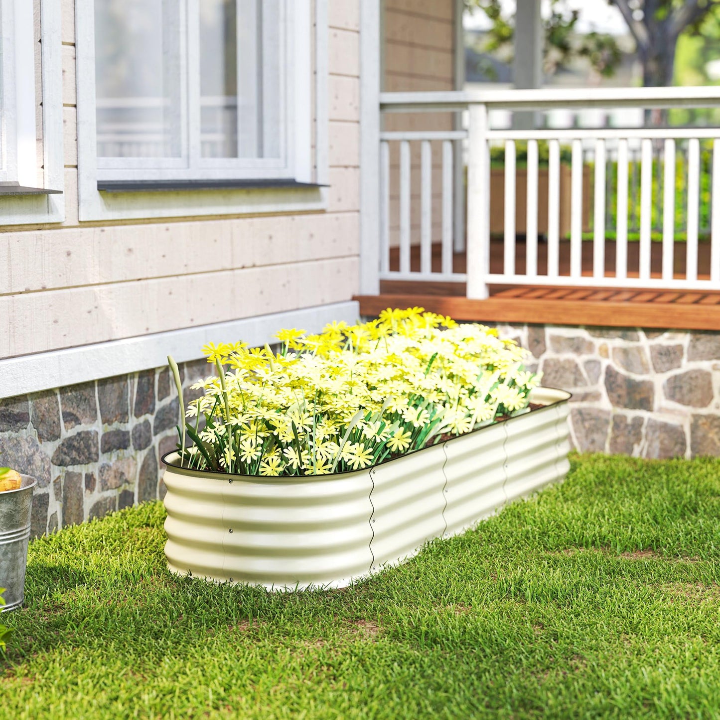 Outsunny 6.5' x 2' x 1' Galvanized Raised Garden Bed Kit, Outdoor Metal Elevated Planter Box with Safety Edging, Easy DIY Stock Tank for Growing Flowers, Herbs & Vegetables, Cream