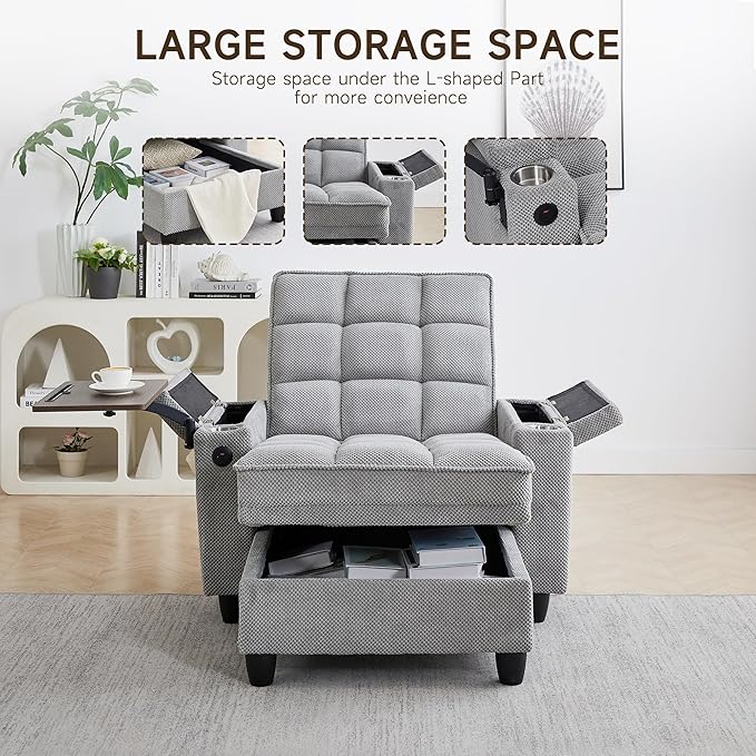 Oversized Recliner Chair with Swivel Tray Table, Modern Tufted Linen Fabric