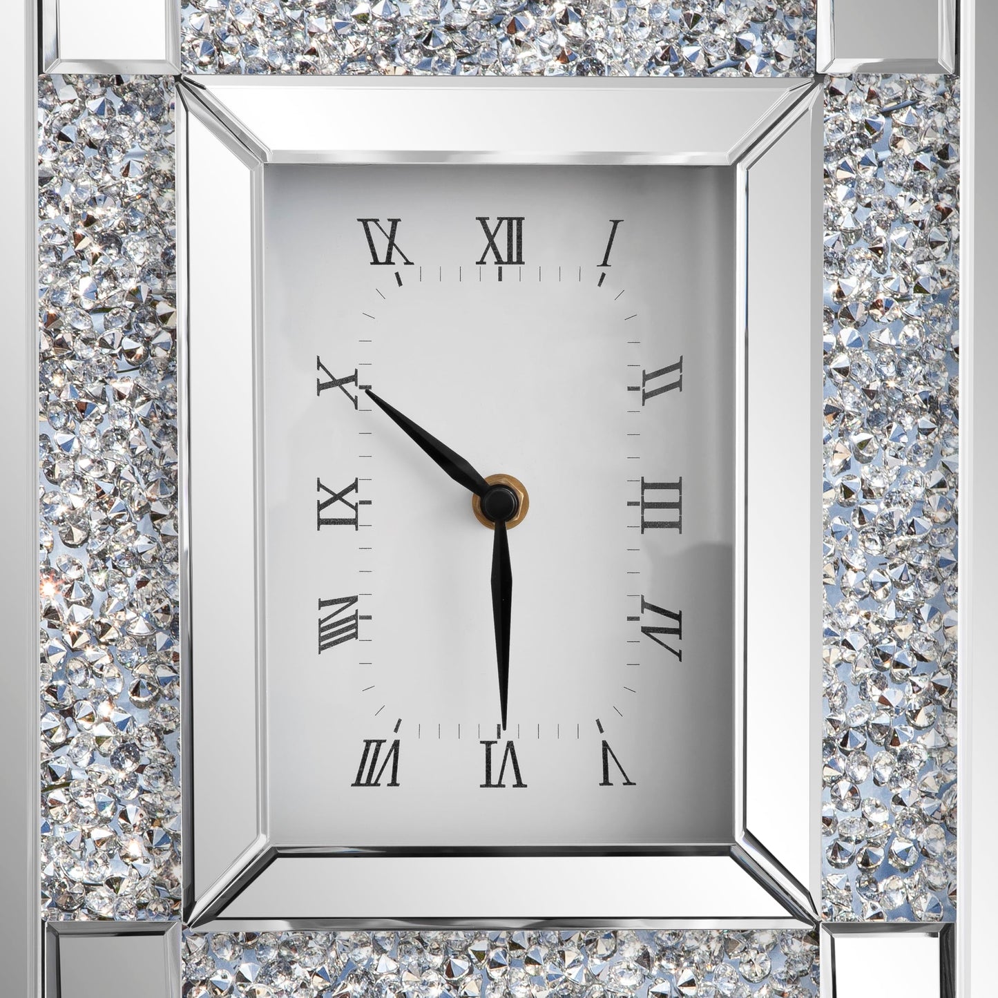 SHYFOY Mirrored Desk Clock with Crushed Diamond Inlay, 13" Decorative Table Clock, Silver Beveled Glass Mantel Clock, Non-Ticking Roman Numeral Tabletop Clock for Living Room Office Shelf Decor