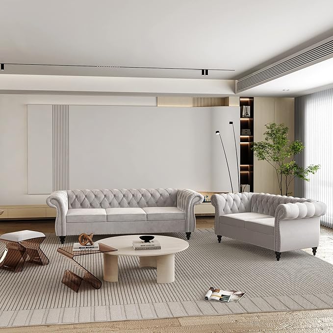 2 Piece Living Room Set, Velvet Chesterfield Sofa Loveseat Couch