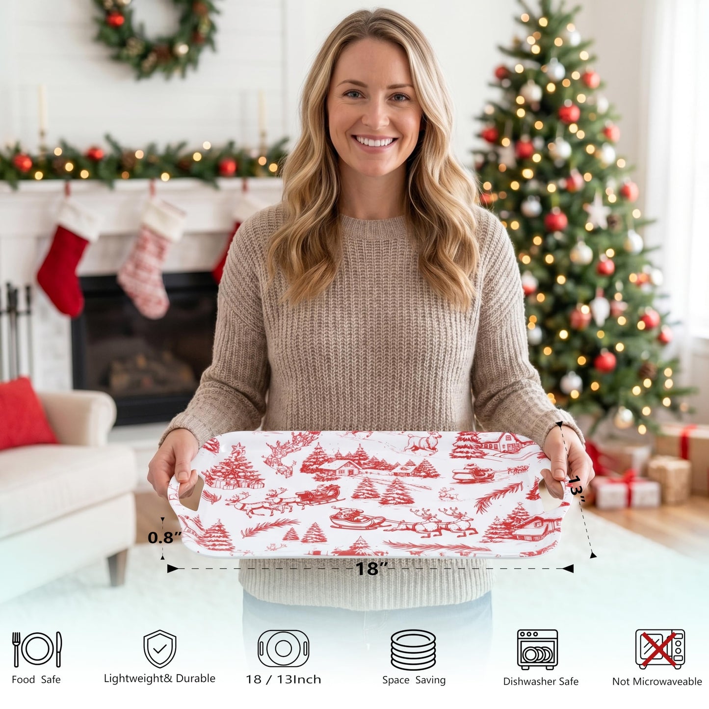 ONEderful 2-Pack Christmas Serving Trays – 18x13 Inches Winter Wonderland Handled Platters, Large Holiday Trays for Christmas Parties, Buffets & Family Gatherings (Christmas Color Scheme)