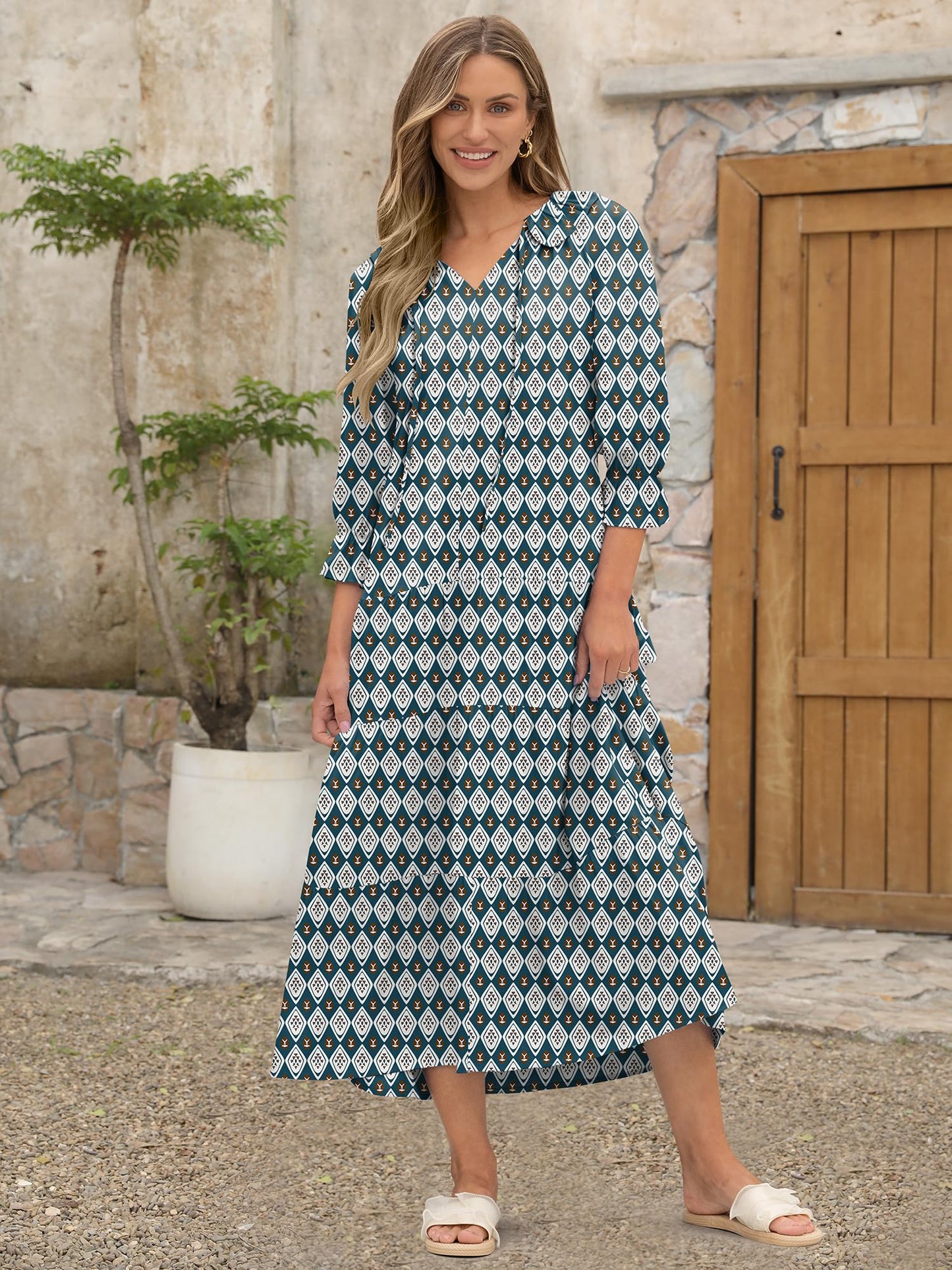 ANRABESS Women's Boho Maxi Dresses 2025 Summer Casual V Neck Puff Sleeve Floral Tiered Flowy Swing Beach Vacation Long Dress