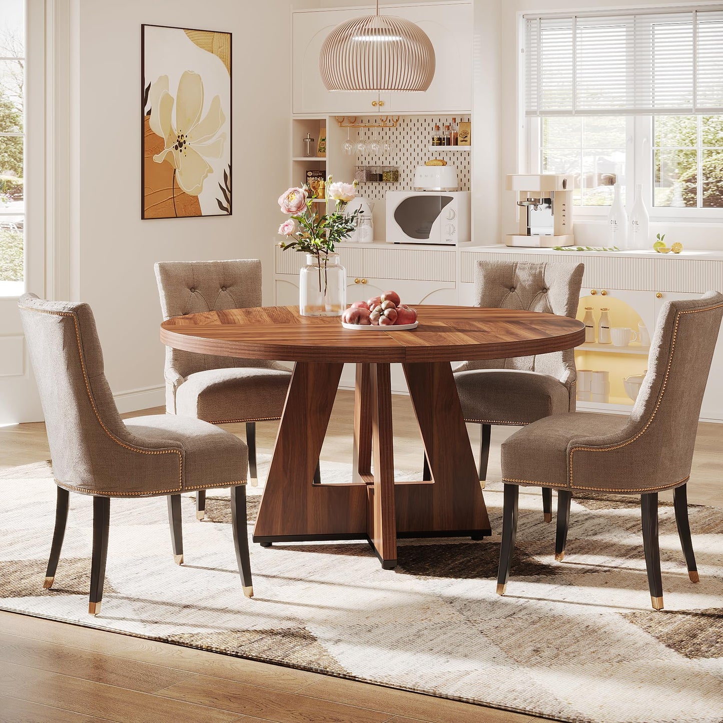 Tribesigns 47 inch Round Dining Table Wood Kitchen Table for Dining Room, 47" Dinner Room Tables for 4-6, Farmhouse Accent Furniture with Wooden Tabletop and Cross Base, Rustic Brown