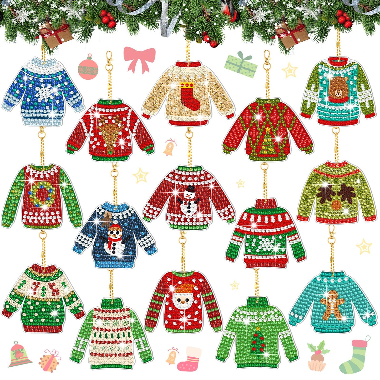Estune 15 Pcs Christmas Diamond Painting Keychain Kits Christmas in July Party Sweater Theme 5d DIY Diamond Art Kits for Adults Xmas DIY Crafts Hanging Ornaments Home Decor