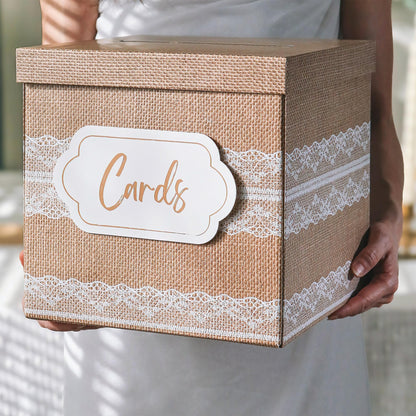 Kate Aspen Rustic Burlap & Lace Gift/Wedding Card Box, Money Box, Farmhouse Wedding Decorations For Reception - Also Perfect for Boho Baby Showers, Birthdays, Graduation