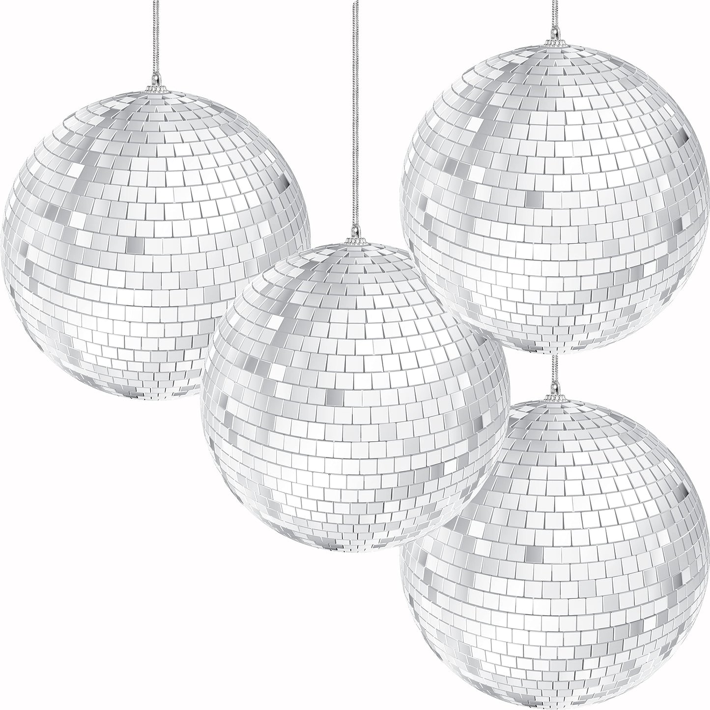 The Dreidel Company 4-Pack Mirror Disco Ball 3" Inch Silver Hanging Ball with Attached String for Hanging, Reflects Light, Party Favor (Pack of 4)
