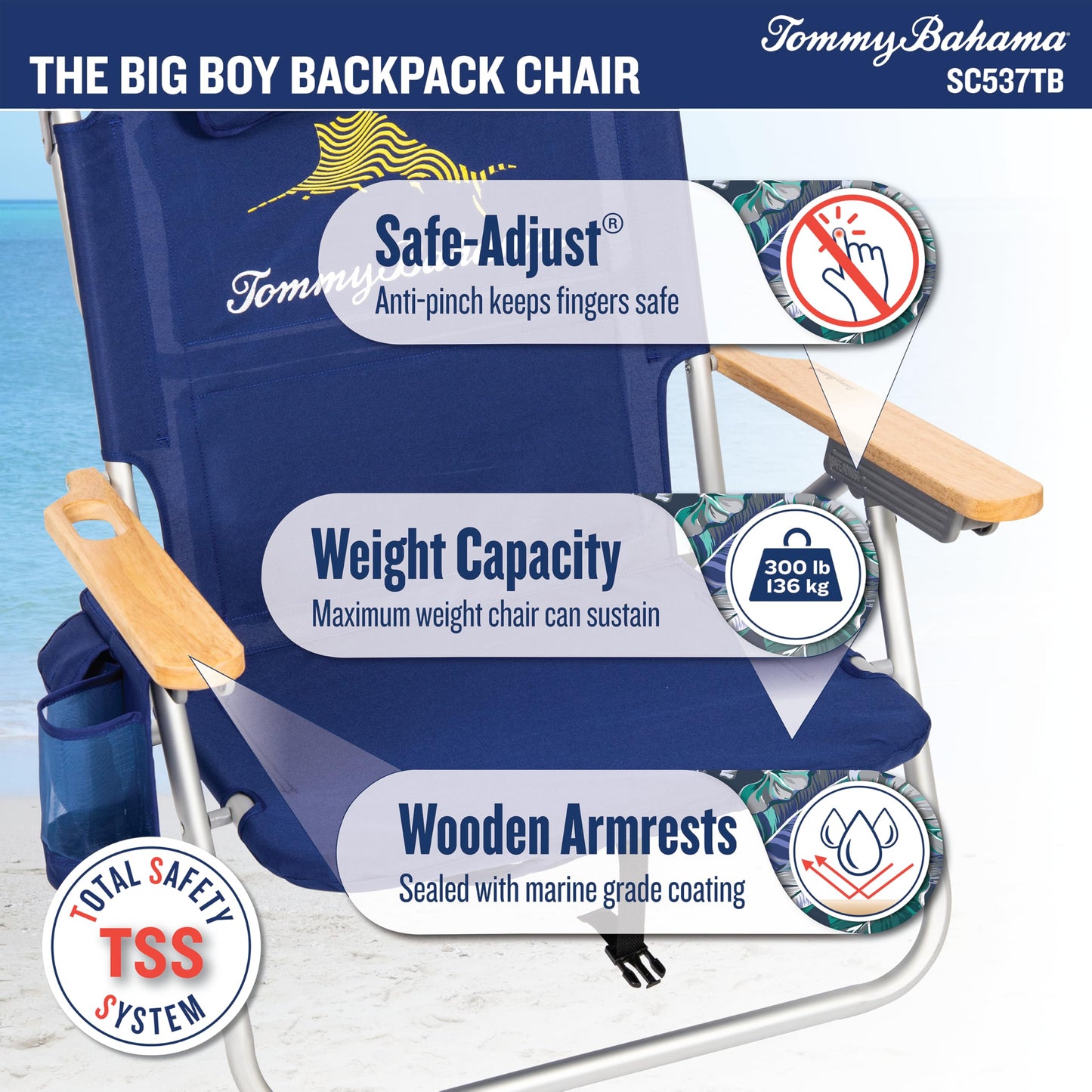 Tommy Bahama Big Boy 4-Position Folding 13" High Seat Backpack Beach or Camping Chair, Aluminum, Navy