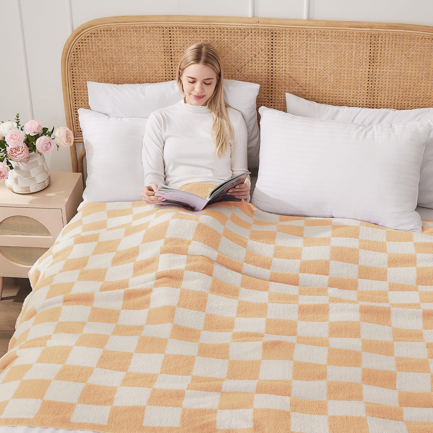 JOOJA Soft Cozy Checkerboard Peach Blanket Fluffy Knit Throw for Couch Plaid Checkered Blanket Peach 50x60 in