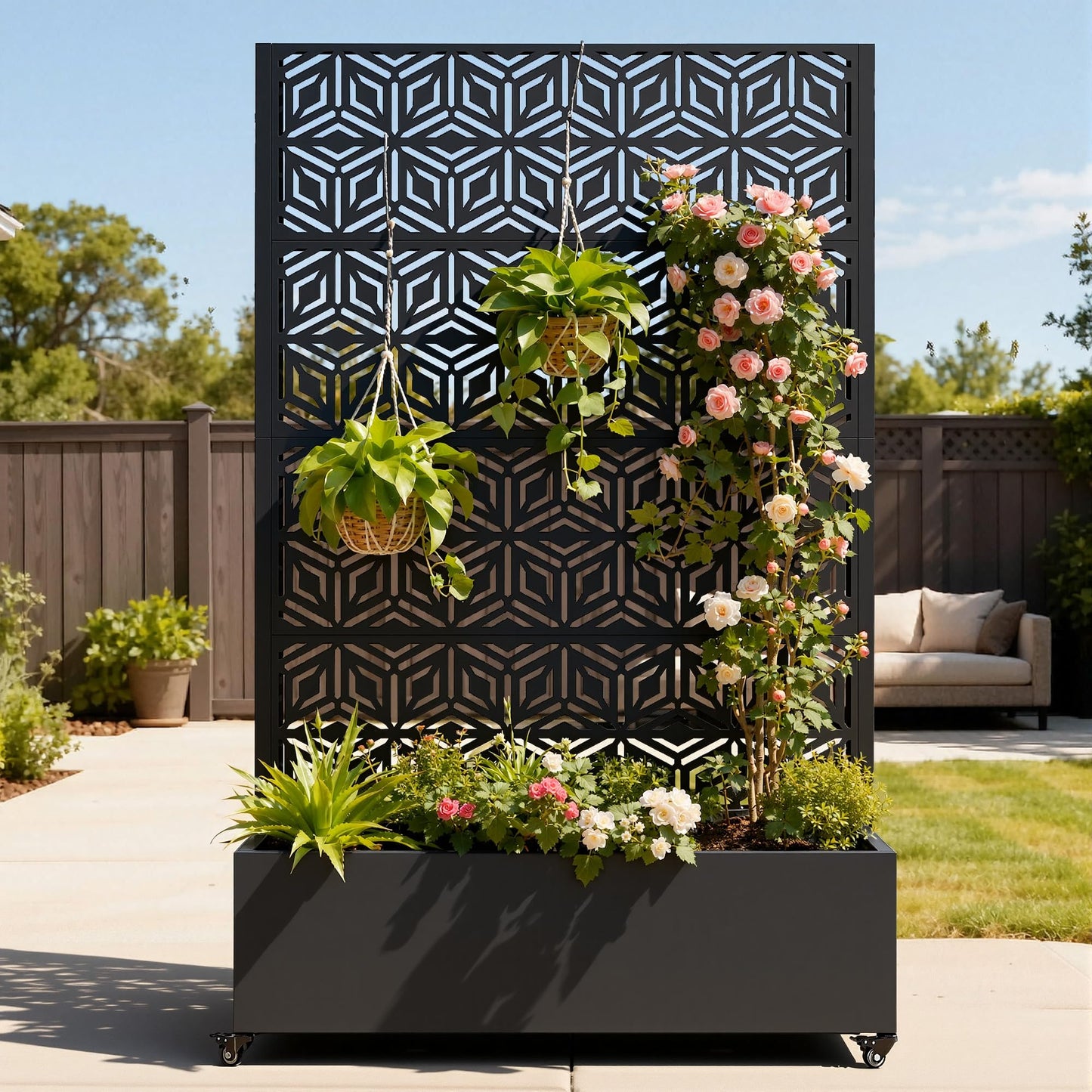 Ultym Metal Planter Box with Trellis, Galvanized Steel Raised Garden Bed with Privacy Screen, Lockable Casters, 73"x47"x16" Planter with Drainage Holes for Outdoor Climbing Plants, Vegetables, Patio