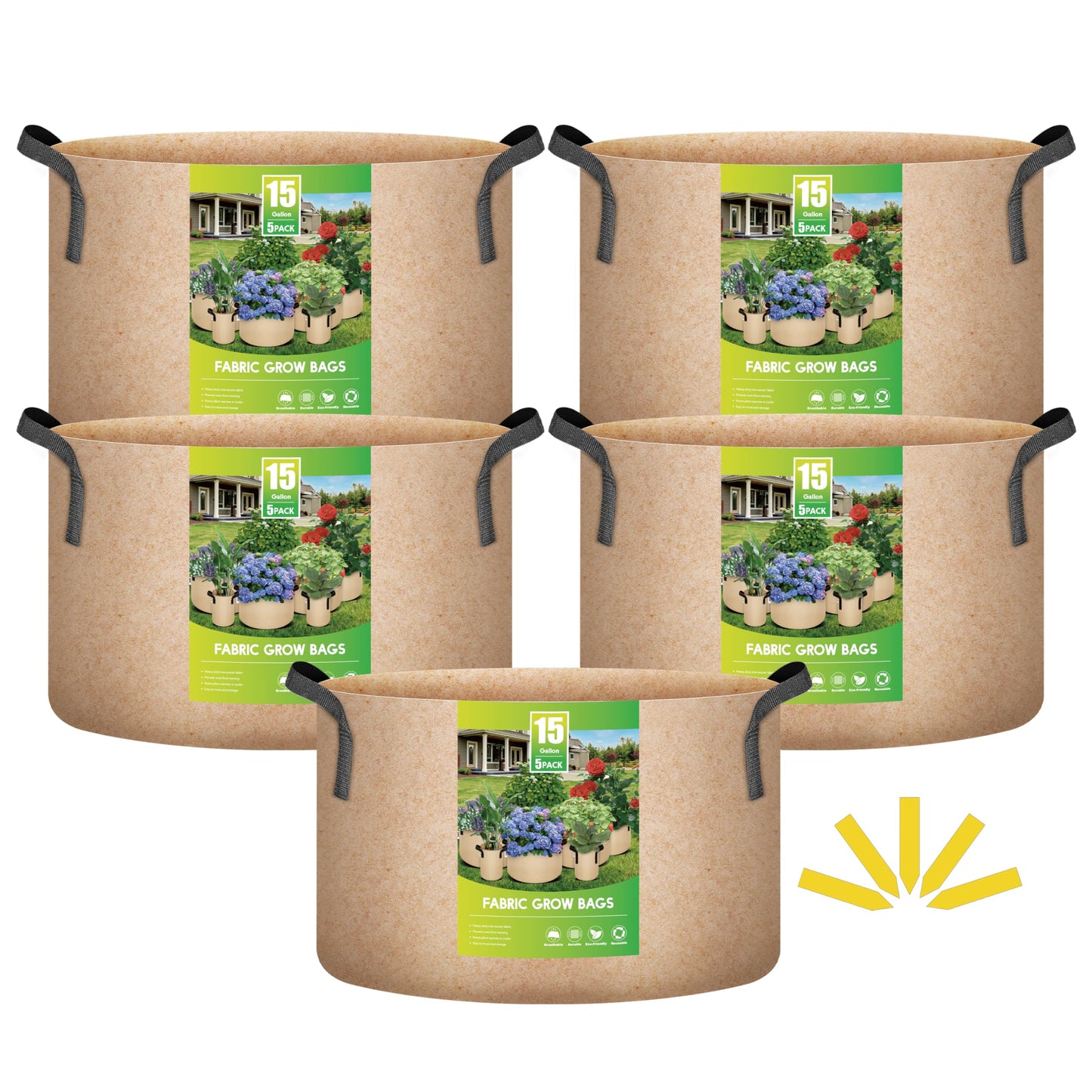 iPower 5 Pack 15 Gallon Tan Grow Bags, Garden Planting Nonwoven Fabric Pots with Reinforced Handle, Heavy Duty and Aeration Planter Pot for Tomato, Fruits, Vegetables and Flowers