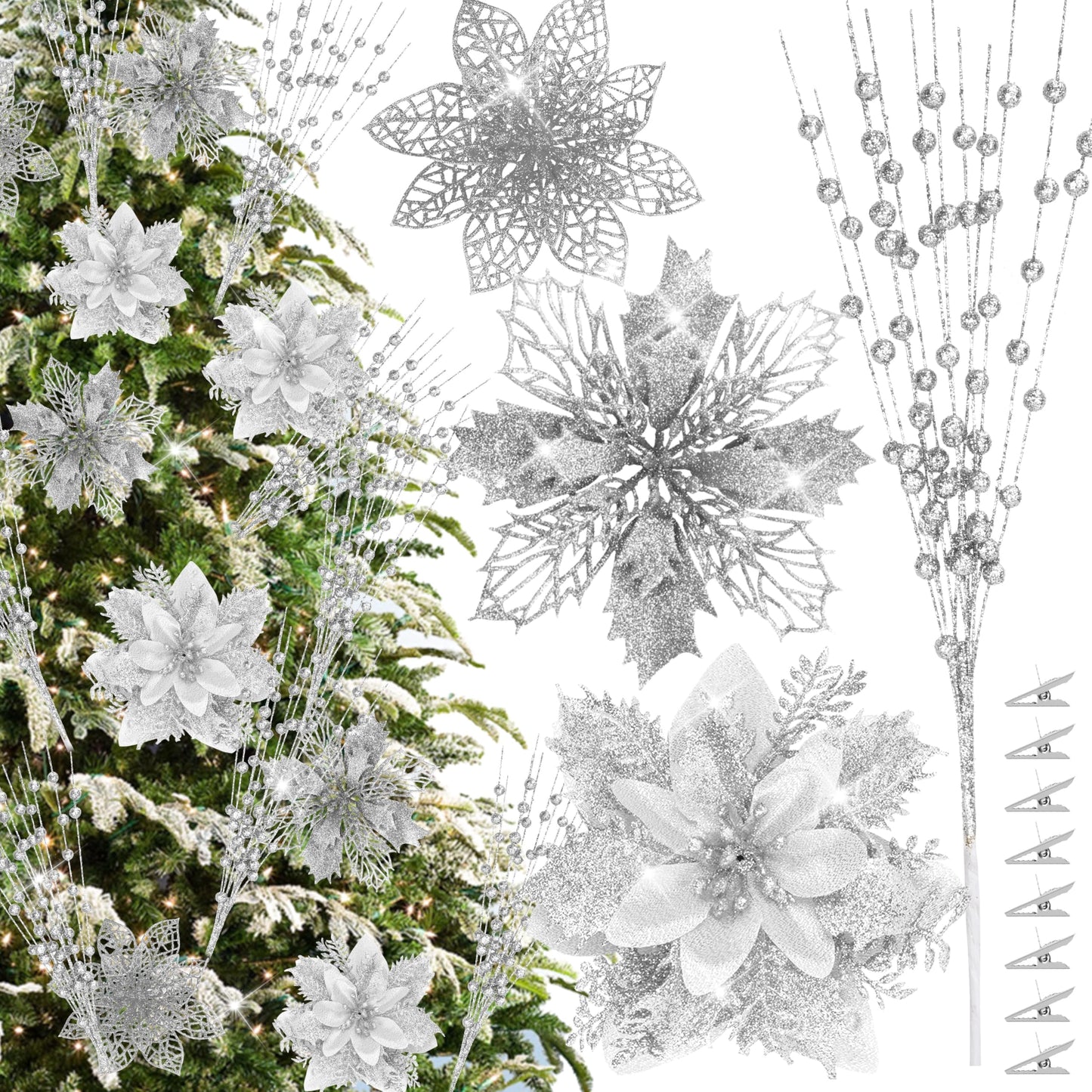 30Pcs Glitter Poinsettia Flowers Berries Stems Ornaments Kit, 24Pcs Artificial Flowers with Clips and 6Pcs Berry Picks Floral Decorations for Christmas Tree Wreath Fireplace Xmas Party Decor (Silver)