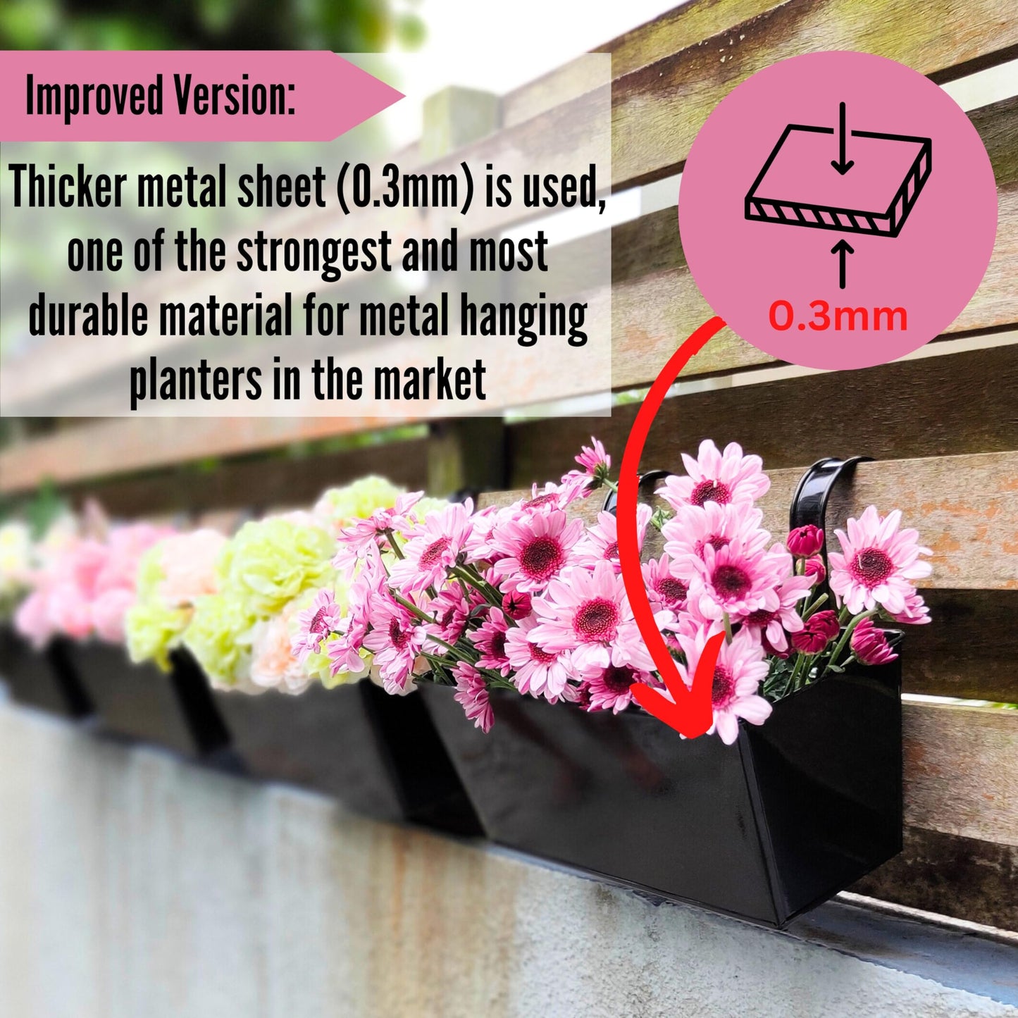 LaLaGreen Rail Planter Box (4 Pack, 16 Inch) Large Black Metal Hanging Flower Pots, Rectangle Outdoor Strawberry Plant Holder Window Balcony Deck Railing Fence Minimalist Farmhouse Countryside Style