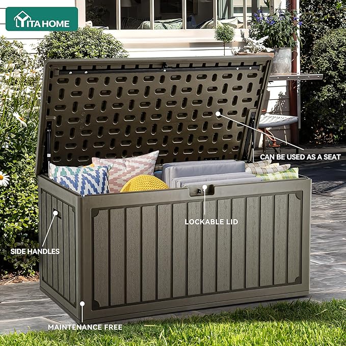 YITAHOME 90 Gallon Large Deck Box with Side Handles, Outdoor Double-Wall Storage for Patio Furniture Cushions, Garden Pool Accessories, Waterproof & Lockable