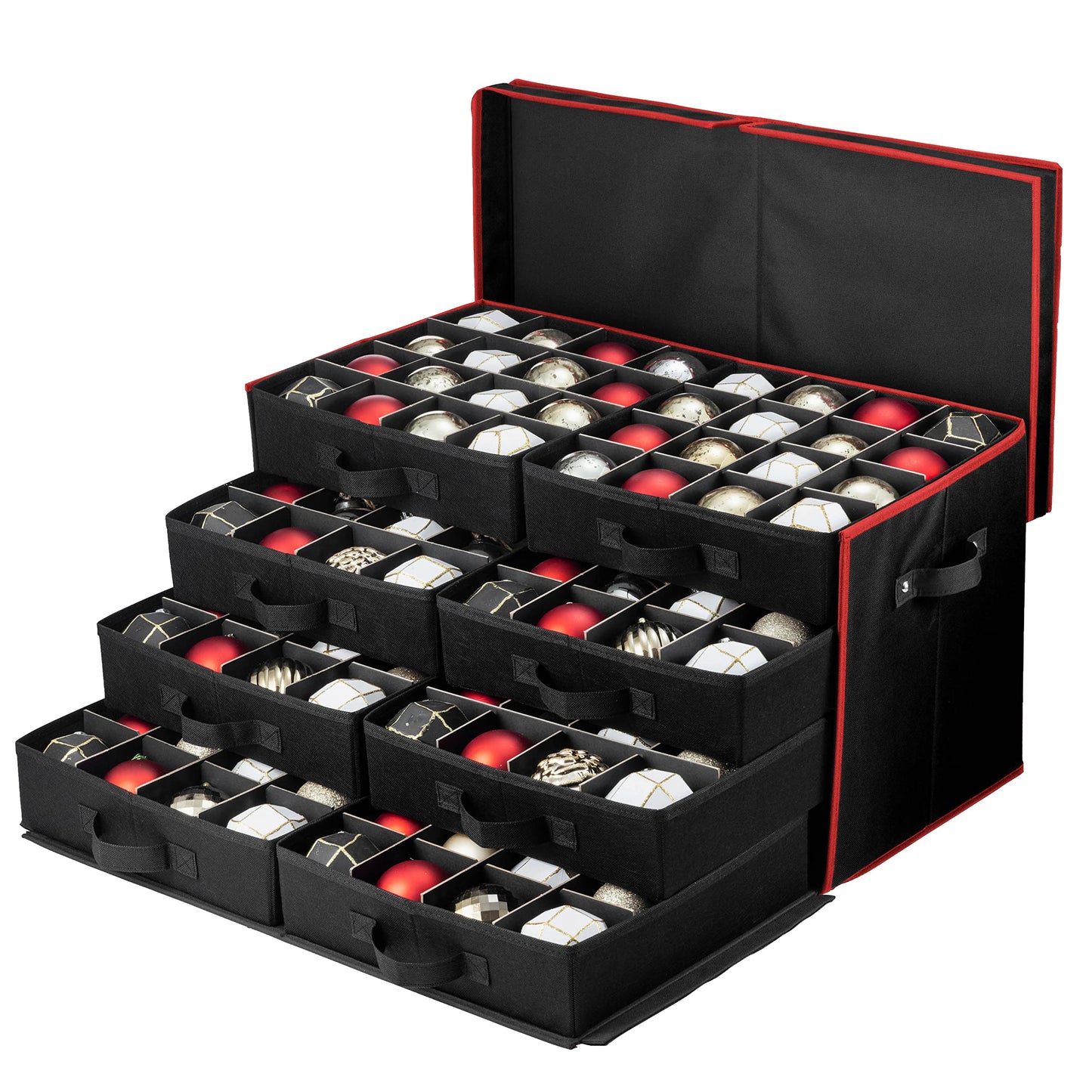 Premium Large Christmas Ornament storage Box, with Side Open, Drawer Style Trays - 3" Compartment, 8 Trays, Keeps 128 Holiday Ornaments & Xmas Accessories, Storage Container Made Of 600D Oxford Fabric