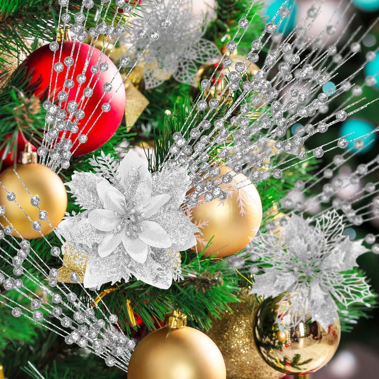 30Pcs Glitter Poinsettia Flowers Berries Stems Ornaments Kit, 24Pcs Artificial Flowers with Clips and 6Pcs Berry Picks Floral Decorations for Christmas Tree Wreath Fireplace Xmas Party Decor (Silver)