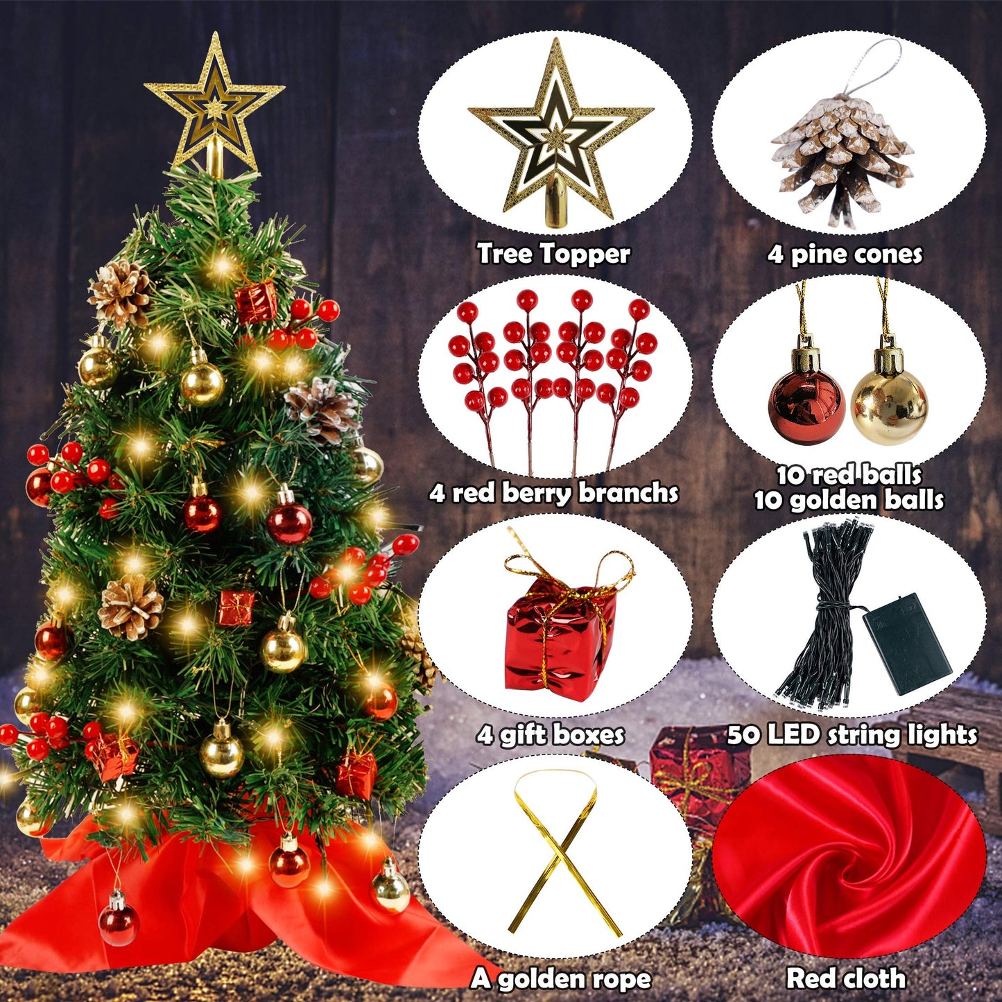 Blissun 2Ft Mini Christmas Tree, Artificial Christmas Pine Trees, Tabletop Xmas Tree, Mini Christmas Pine Tree with LED Lights, Star Tree Topper and Christmas Ornaments for Christmas Table Decorations