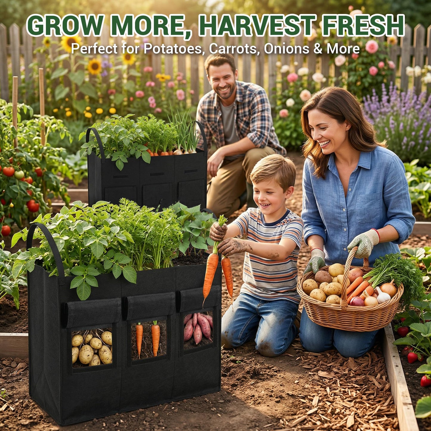 Chonway 24 Gallon 2 Pack Potato Grow Bags with Visible Harvest Window & Handles, 3-Compartment Nonwoven Fabric Planters Grow Bags for Potatoes, Potato Planter for Growing Tomato, Vegetables, Flower