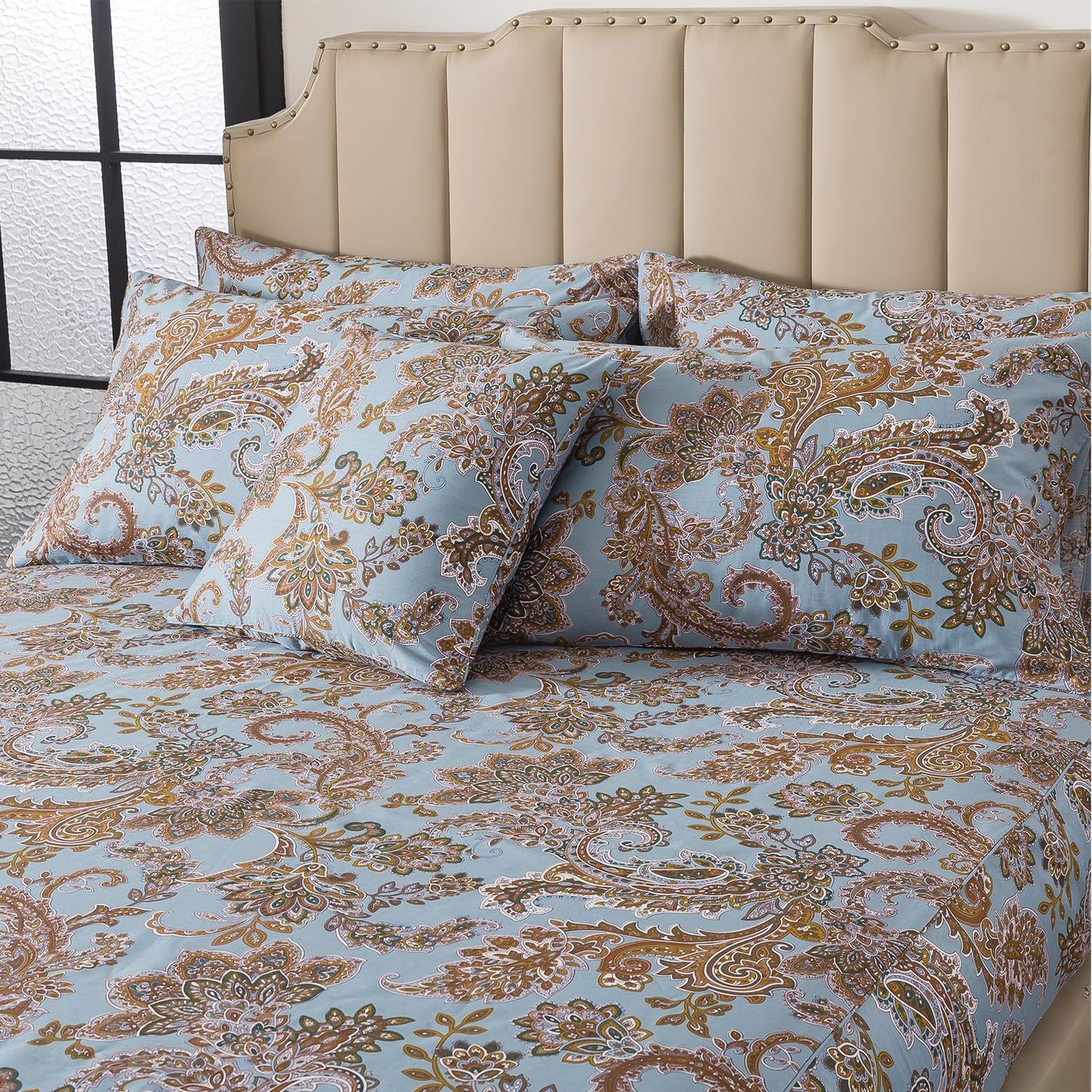 FADFAY King Sheet Set, Vintage Blue Paisley 4-Piece 100% Cotton Bed Sheets, Soft & Breathable Deep Pocket Fitted Sheet, Classic Elegant Style for All Seasons