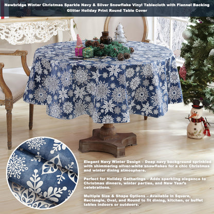 Newbridge Christmas Navy Winter Snowflake 70 Inch Round Vinyl Tablecloth with Flannel Backing – Sparkling Silver Holiday Print Easy-Care Wipe Clean Table Cover