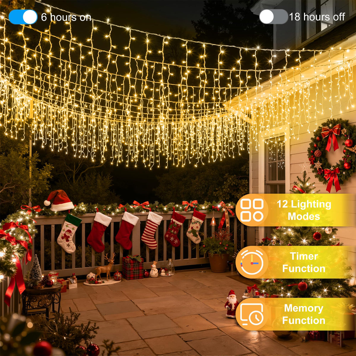 810LED 82ft Christmas Lights, 180Drops 12 Modes Warm White Christmas String Lights Outdoor Dimmable, Waterproof Christmas Decoration Fairy Lights with Timer for Indoor Eaves Party Patio Window Fence