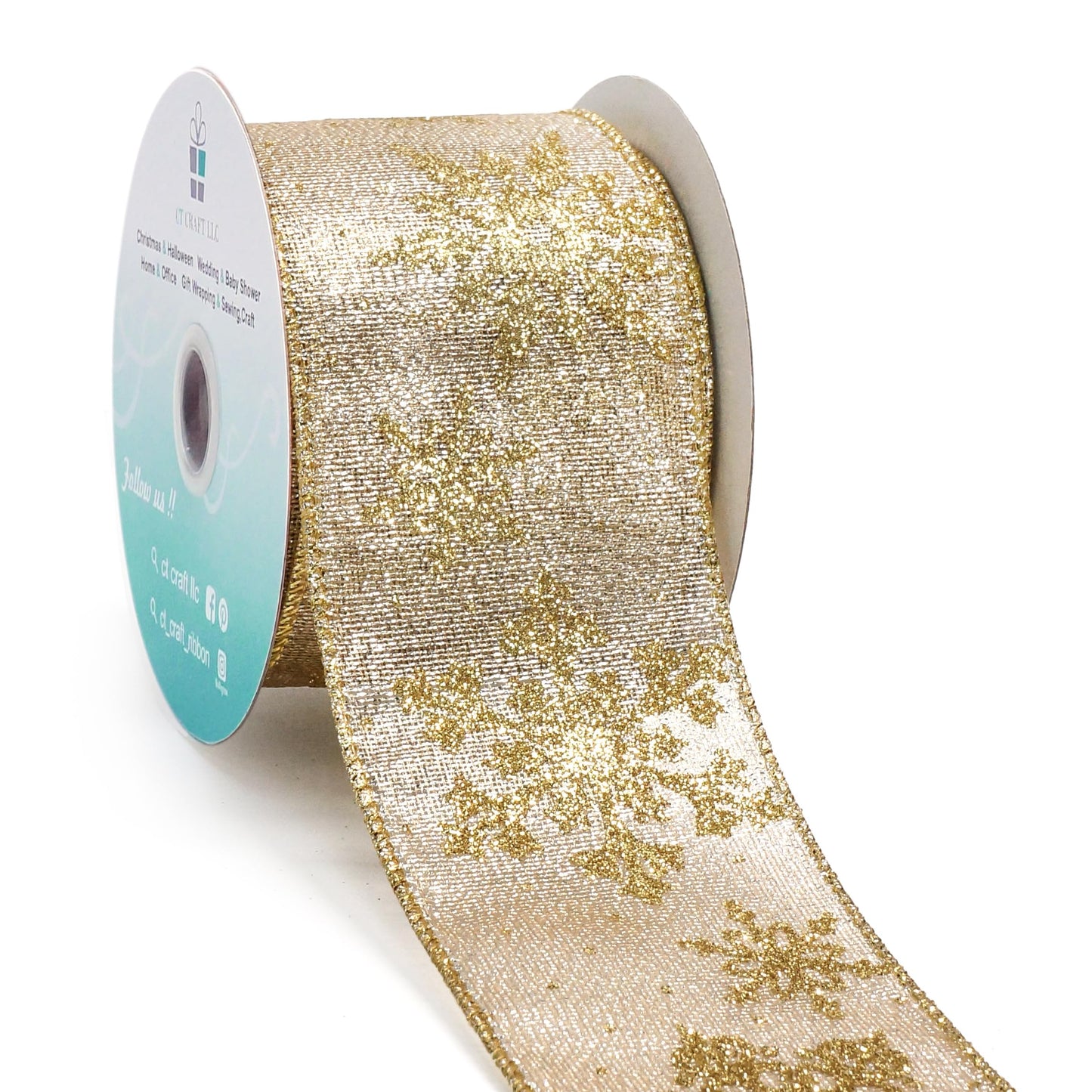 CT CRAFT LLC Champagne Gold Metallic Fabric with Gold Snowflake Wired Ribbon 2.5 Inch x 10 Yards for Christmas Home Decor Tree Topper Bow Gift Wrapping DIY Crafts Wreath Garland
