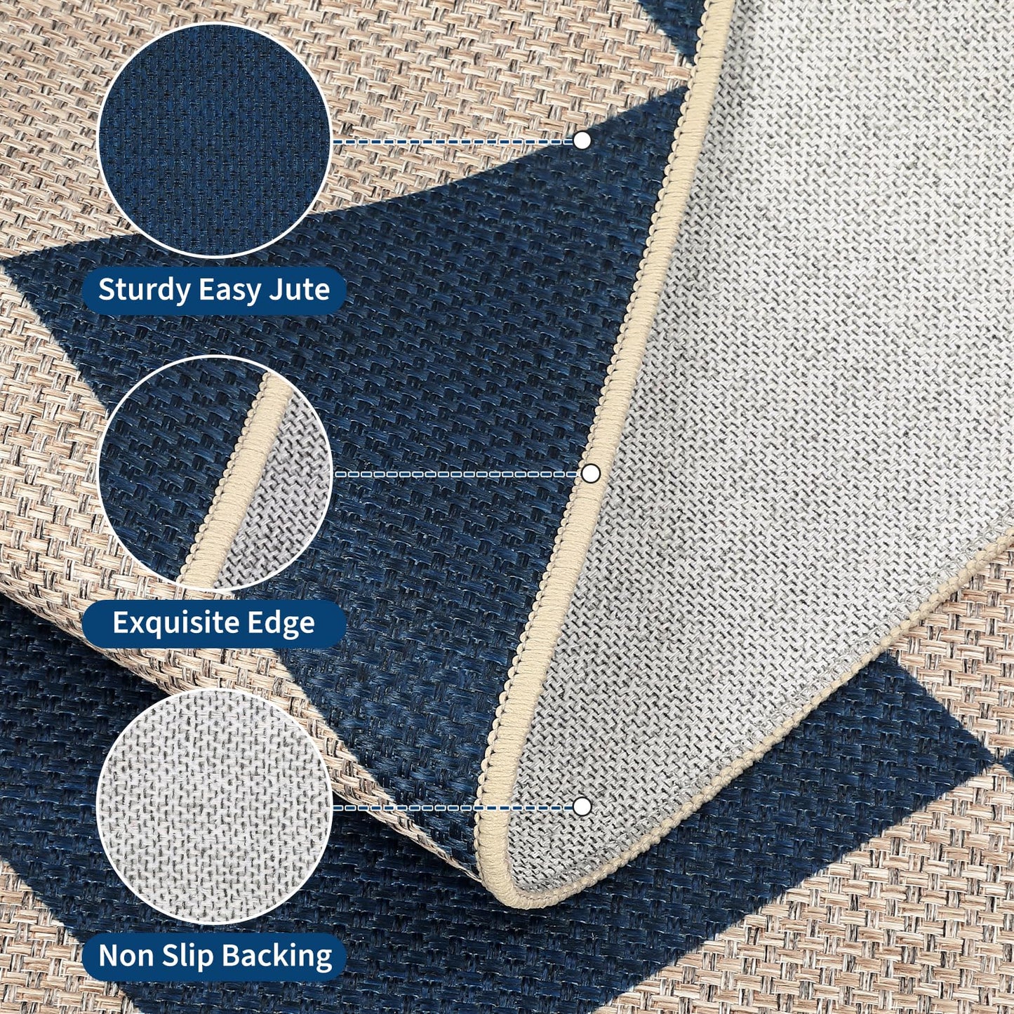 GarveeHome Easy Jute 8x10 Area Rugs for Living Room Checkered Rugs Machine Washable Non-Slip Backing Indoor Outdoor Carpets for Farmhouse Dining Room Nursery Patio Navy Blue