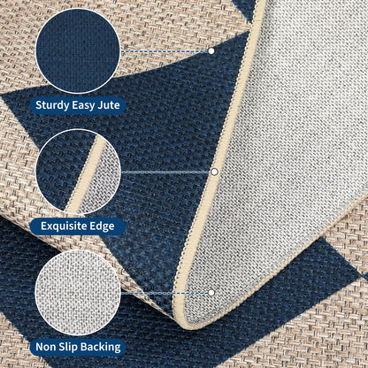 GarveeHome Easy Jute 8x10 Area Rugs for Living Room Checkered Rugs Machine Washable Non-Slip Backing Indoor Outdoor Carpets for Farmhouse Dining Room Nursery Patio Navy Blue