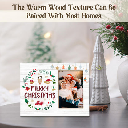 TIRYWT Christmas Picture Frame 4x6, Christmas Reindeer Wooden Photo Frame for Xmas Gifts, Winter Holiday Home and Office Decor, Tabletop or Wall Hanging Display Frame - T03