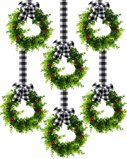 Canlierr 6 Pcs 8 Inch Christmas Kitchen Cabinet Wreaths with 31.5inch Ribbon Small Mini Christmas Wreath for Window Door Chair Wall Xmas Decoration(Plaid)