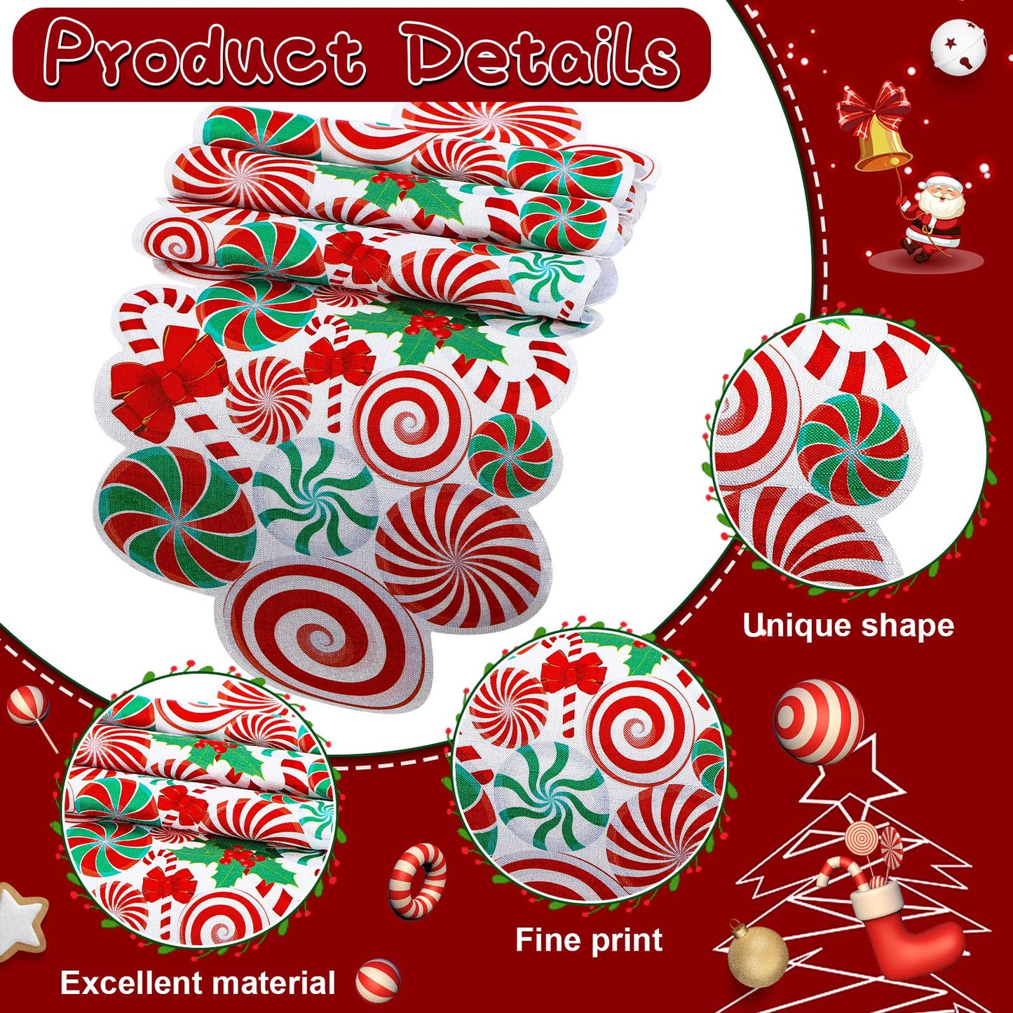 Kingdder Christmas Table Runner Candy Cane Peppermint Red White Green Lollipop Bow Table Mat Xmas Party Decor Centerpiece for Home Christmas Party Decoration, 71 x 14 Inch(Candy)