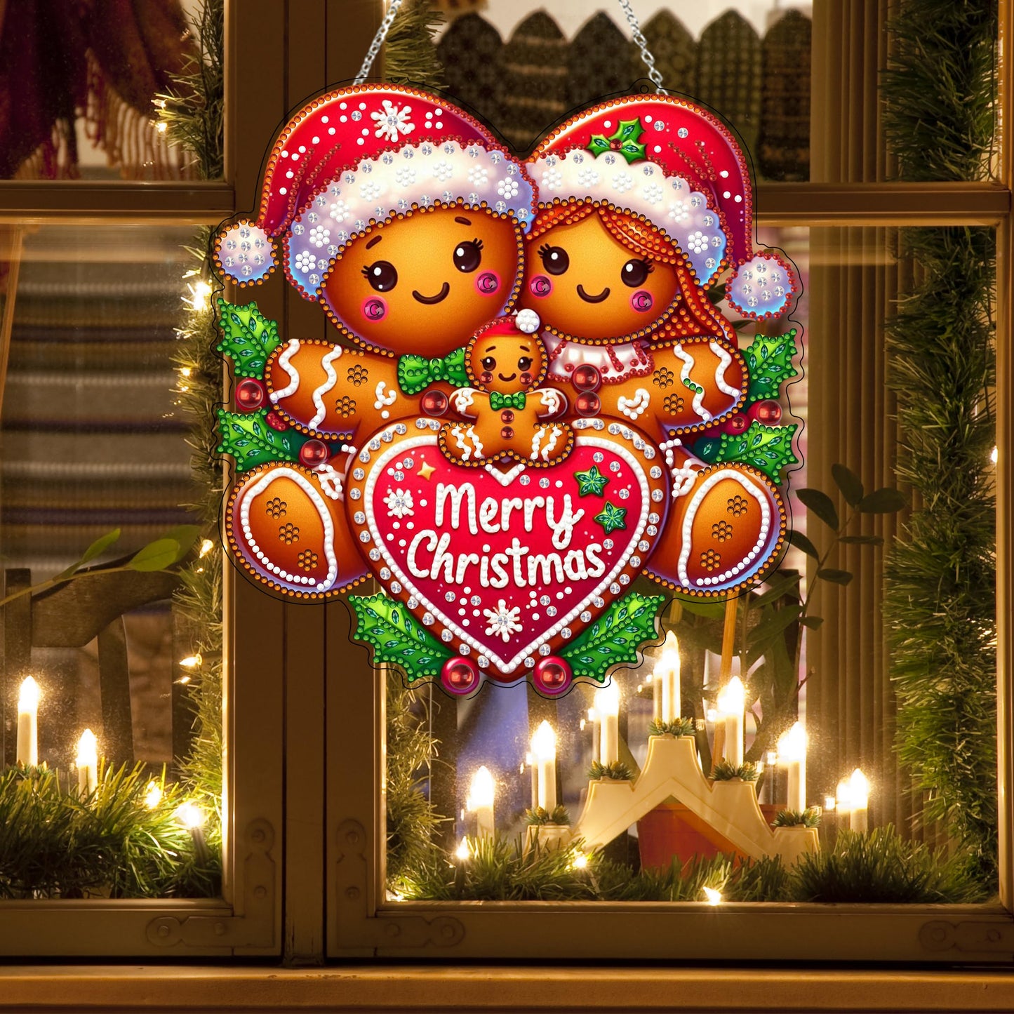 JJFox Diamond Art Hanging Kit for Adult,Special Shaped Rhinestone,DIY Acrylic Diamond Art Painting Window Pendants Home Garden Wall Hanging Kits Hanging Ornament,Double Sided (Gingerbread Man)