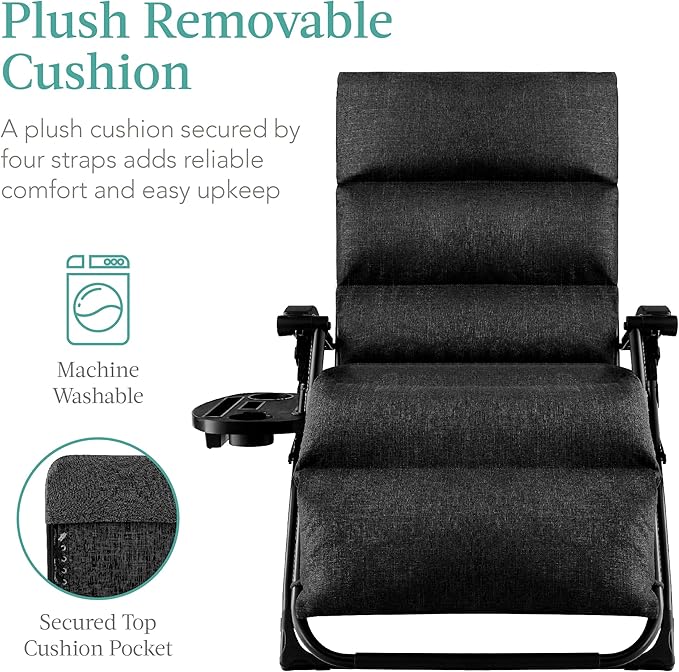 Best Choice Products Oversized Zero Gravity Chair, Folding Outdoor Patio Recliner, XL Anti Gravity Lounger w/Removable Cushion, Cup Holder, Side Tray, 350lb Capacity - Onyx Black
