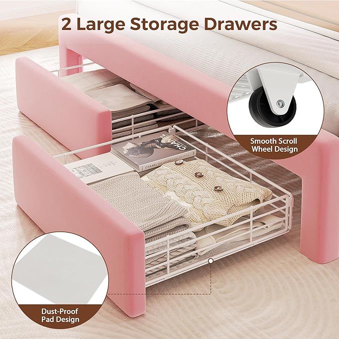 Full LED Bed Frame with Storage Headboard & 2 Storage Drawers, Princess Velvet