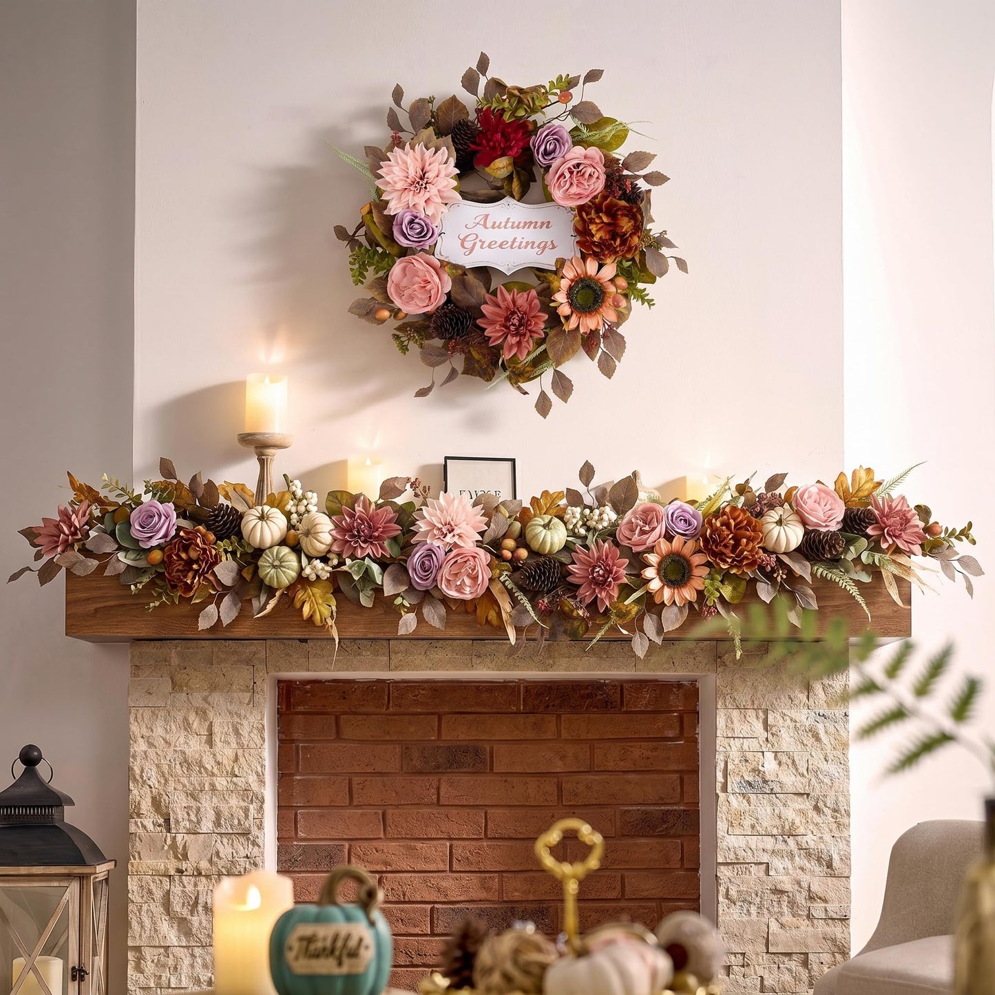 Valery Madelyn 24'' Collapsible Pre-Lit Flowers Fall Wreath for Front Door