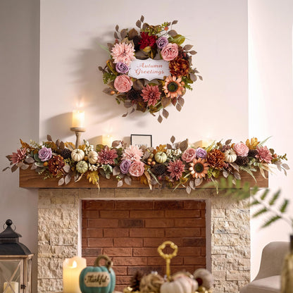 Valery Madelyn 24'' Collapsible Pre-Lit Flowers Fall Wreath for Front Door