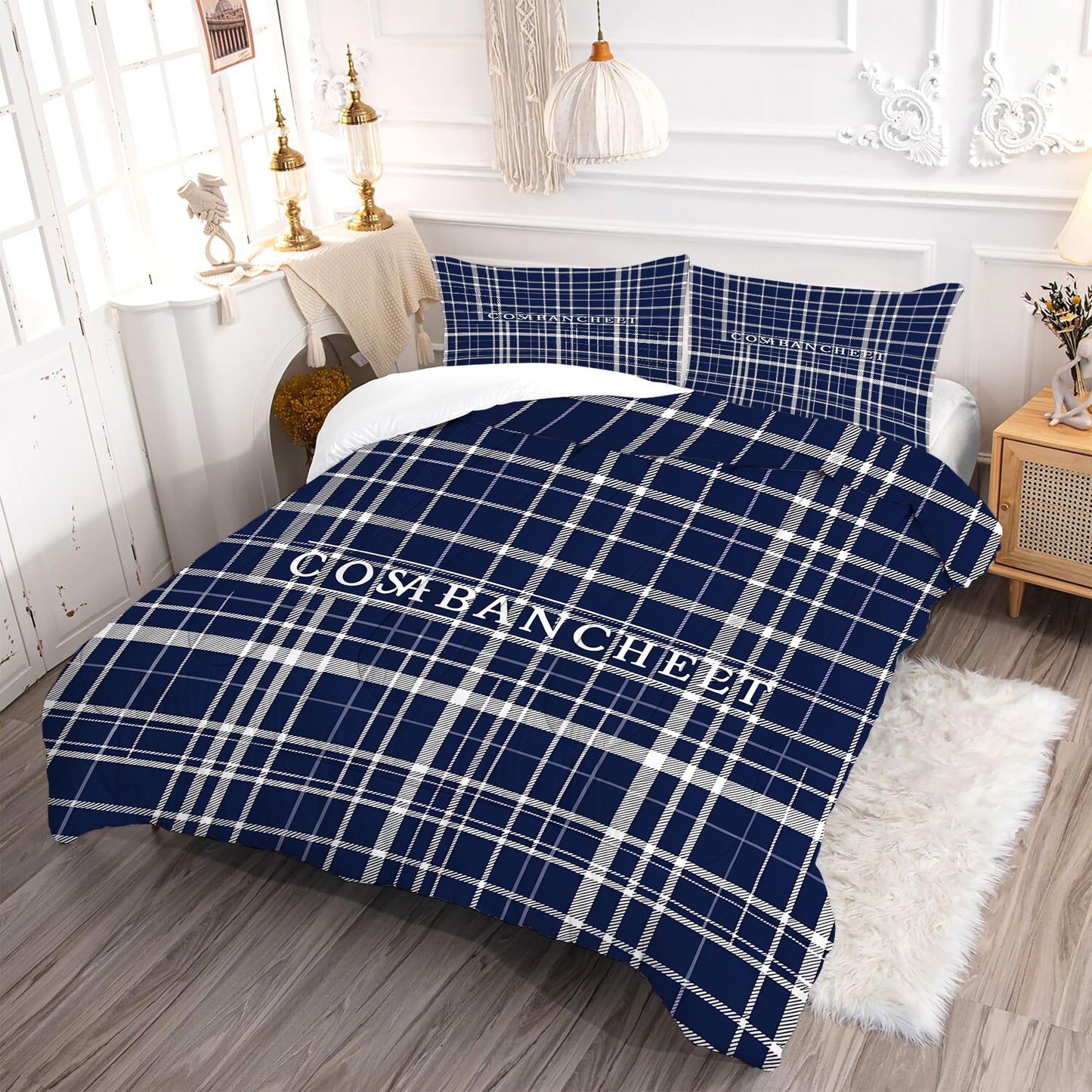 VTKON Navy Blue Plaid Comforter Set for Boys Queen Size, Classic Preppy Check Bedding Set for Boys Teens, Timeless Navy and White Bed Sets for Dorm with 2 Pillowcases