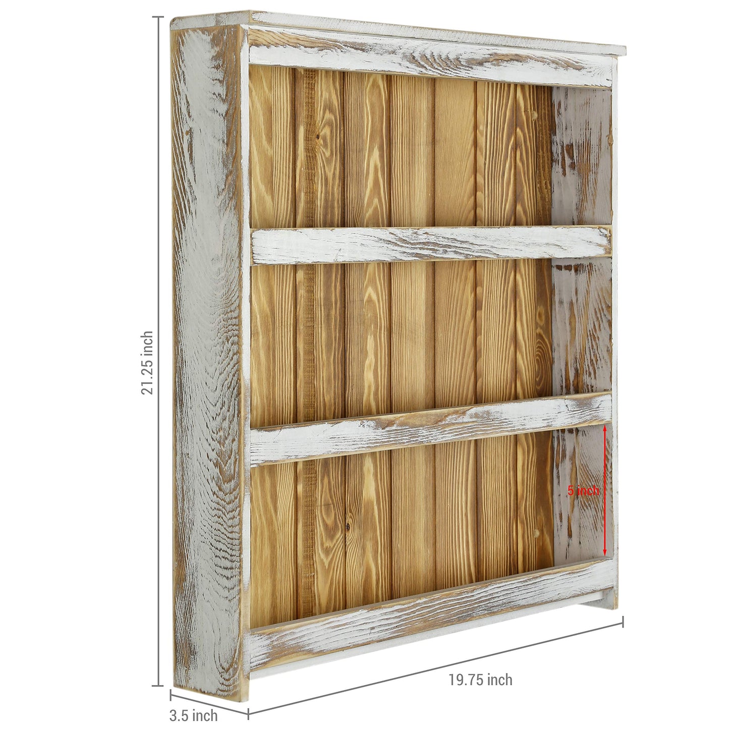 MyGift 3 Tier Spice Rack Wall Mount, Hanging Kitchen Pantry Storage Shelf for Seasoning Jars or Condiment Bottles, Shabby White Washed and Rustic Natural Burnt Solid Wood