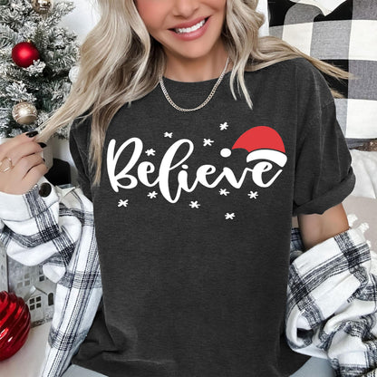 Believe Christmas Shirt for Women Christmas Tree Graphic T-Shirts Believe Letter Print Tees Holiday Tops (Dark Grey, Large)