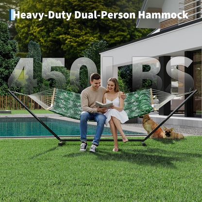Garvee 2 Person Outdoor Hammock with Stand, Heavy Duty Portable Double Hammock with Balance Rope, MAX 450 LBS Capacity for Patio, Backyard, Garden, Beach