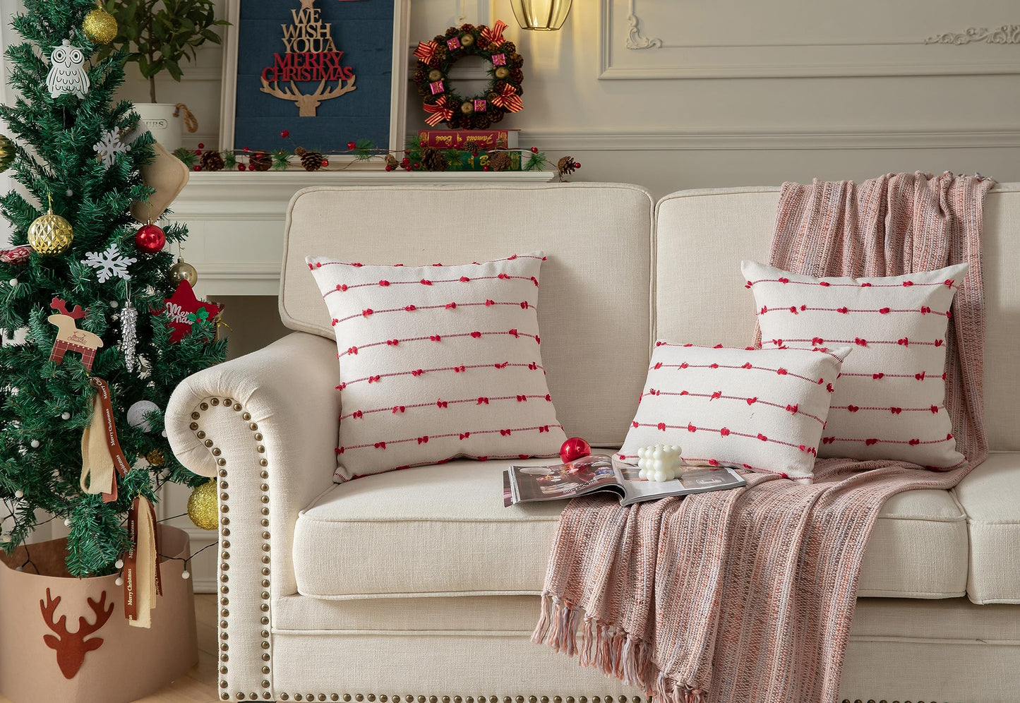 Caflife Boho Christmas Throw Pillow Covers 18x18 inches Beige and Red, Set of 2 Modern Farmhouse Holiday Decorative Pillow Covers for Couch Sofa Bed, Living Room
