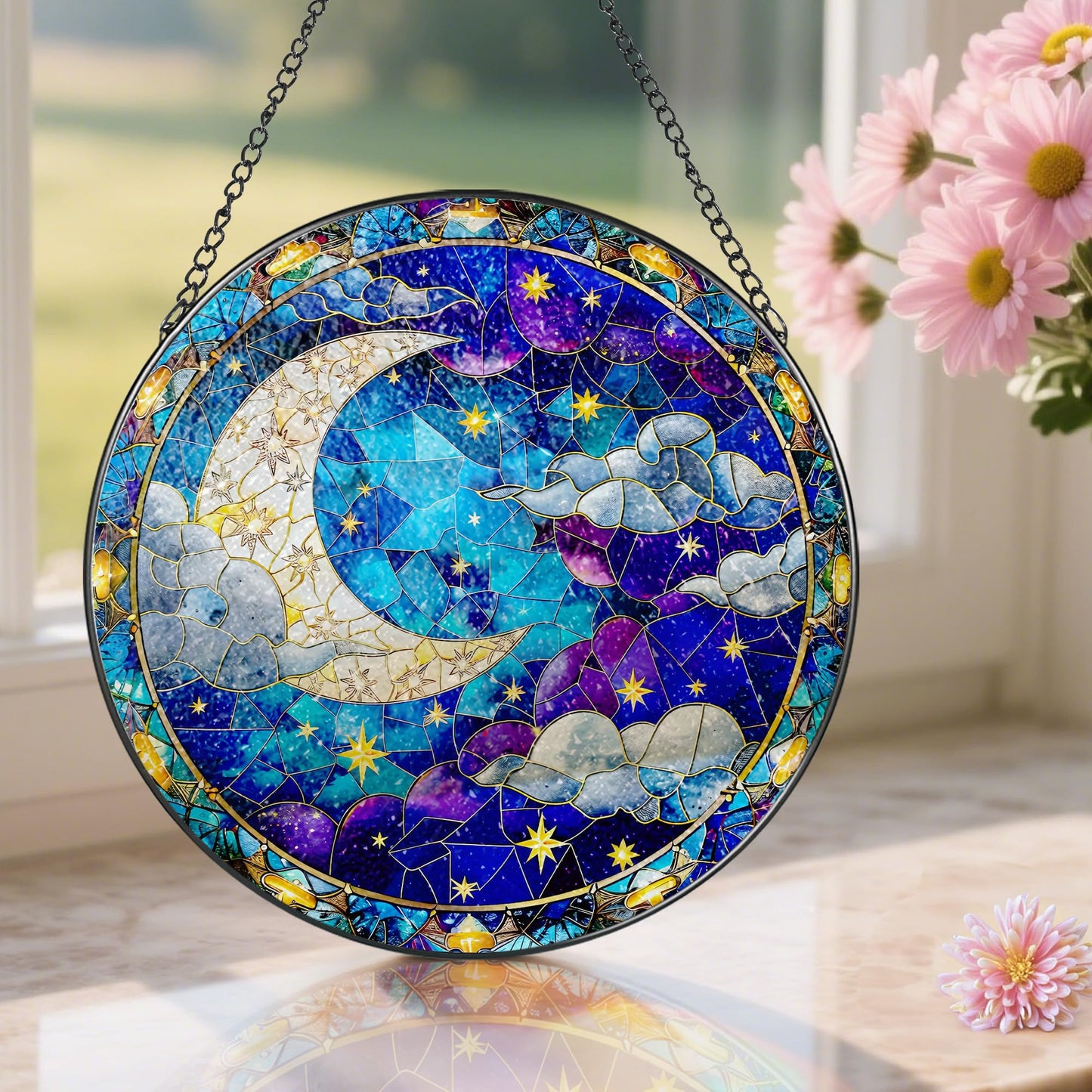 8-Inch Moon and Star Stained Glass Ornament, Stained Glass Window Hanging, Window Hanging Decor Suncatcher, Night Sky Ornament | Holiday, Mother’s Day, Housewarming | Gifts for Friend & Family
