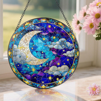 8-Inch Moon and Star Stained Glass Ornament, Stained Glass Window Hanging, Window Hanging Decor Suncatcher, Night Sky Ornament | Holiday, Mother’s Day, Housewarming | Gifts for Friend & Family