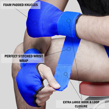 RUBEXX Slip on Boxing Hand Wraps Padded Thick Knuckle Inner Gloves 36 inches Elastic Wrist Strap Quick Wrap Under Mitts Martial Arts Muay Thai MMA Kickboxing Men Womem (Blue, S)