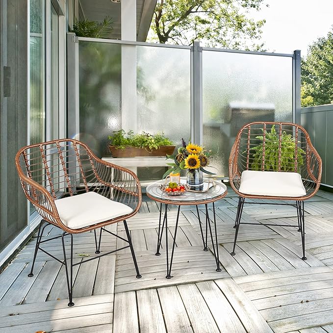Tangkula 3 Pieces Patio Conversation Bistro Set, Outdoor Wicker Furniture